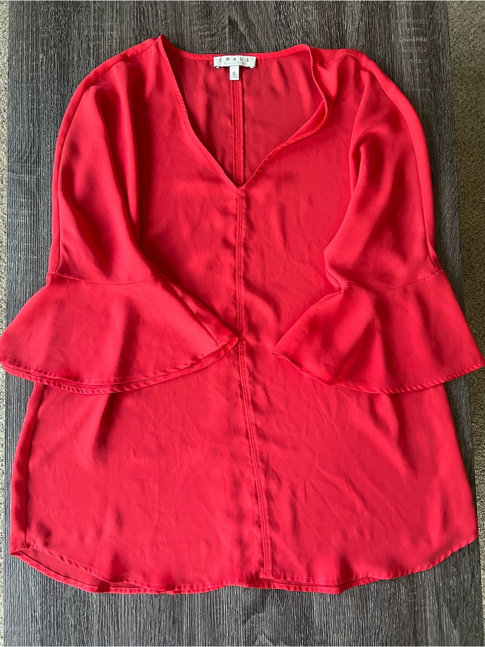 Chaus Strawberry Rose Red V-Neck Bell Sleeve Blouse | Size Large